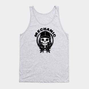 Female Mechanic Skull and Spanners Black Logo Tank Top